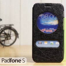 เคส Padfone S l เคสฝาพับพื้นผิวสะท้อนแสง รูดรับสาย เป็นขาตั้งได้ สีดำ (ช่องกลม)