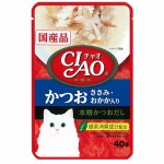 CIAO เชา ชนิดเปียก ปลาทูน่า(คัทสึโอะ) และเนื้อสันในไก่หน้าปลาโอแห้ง 40 กรัม