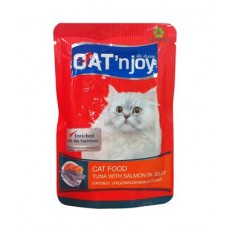 แคท เอ็นจอย Cat'n joy อาหารแมวชนิดเปียก สำหรับแมวทุกสายพันธุ์ สูตรปลาทูน่าผสมปลาแซลมอนในเยลลี่ 85 กรัม