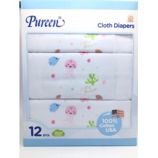 เพียวรีน Pureen Cloth Diapers ผ้าอ้อมสาลู cotton 100% Size 29x29 แพ็คแบบกล่อง 12 ชิ้น สีชมพู
